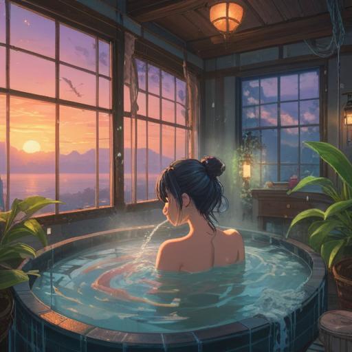 A tranquil morning bath scene, steaming water reflecting the soft light of dawn, serene atmosphere, mystical symbols floating in the air, peaceful facial expressions, gentle nature sounds in the background, plants and blossoms surrounding the bath, a sense of spiritual awakening and rejuvenation, 4k