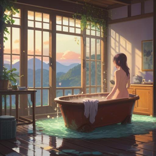 A serene morning bath scene, steam rising gently, soft sunlight filtering through a window, intricate water reflections, peaceful ambiance, subtle spiritual symbols in the air, tranquil atmosphere, calming colors, reflective water, inviting space, 4k