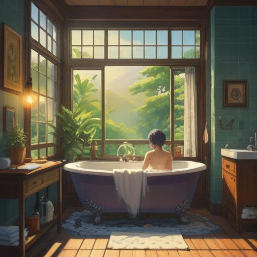 A serene morning scene, a person enjoying a relaxing bath, warm sunlight streaming through the window, steam rising gently, a sense of tranquility and renewal, a small table with a steaming cup of tea nearby, calming and uplifting atmosphere, hints of nature visible outside, signifying a lucky start to the day, 4k