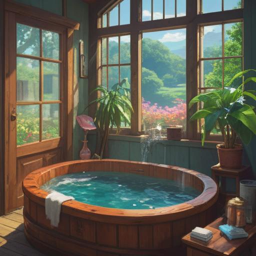 A serene morning bath scene, steaming water in a traditional wooden tub, sunlight filtering through a window, vibrant plants surrounding the bath, a sense of tranquility and peacefulness, soft ripples on the water's surface, warm glow highlighting the bath area, lucky symbols subtly integrated, inviting atmosphere, harmonious connection with nature, 4k