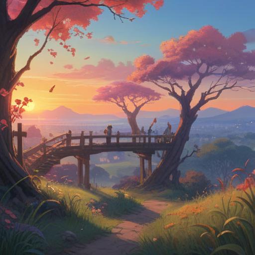 A serene landscape at dawn, soft light illuminating a tranquil scene, birds perched on branches singing melodious tunes, gentle breeze rustling leaves, vibrant colors of the sunrise in the background, symbolism of new beginnings and spiritual awakening, peaceful ambiance, 4k