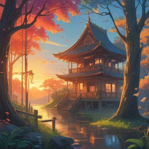 A serene morning scene, gentle sunlight streaming through trees, birds singing melodiously, vibrant colors illuminating the landscape, a feeling of peace and spirituality, nature's harmony, lush greenery, soft breeze, a sense of awakening and positivity, tranquil atmosphere, 4k