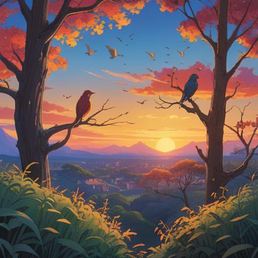 A serene morning scene with a bright sunrise, vibrant colors in the sky, a tranquil landscape, birds perched on tree branches singing, soft light illuminating the surroundings, a feeling of awakening and new beginnings, subtle ethereal elements representing spiritual signs, peaceful atmosphere, nature harmony, 4k