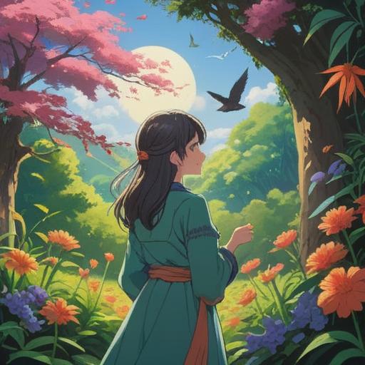 A serene morning scene of a person enjoying the sound of chirping birds, surrounded by blooming flowers and lush greenery, soft sunlight filtering through the trees, a journal and a lucky charm nearby, peaceful expression, natural beauty, vibrant colors, tranquil atmosphere, 4k