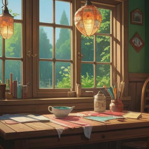 A serene morning scene, a lucky charm resting on a wooden table, soft sunlight streaming through the window, gentle shadows creating a calming atmosphere, delicate flowers in the background, a steaming cup of tea beside the charm, peaceful ambiance, 4k