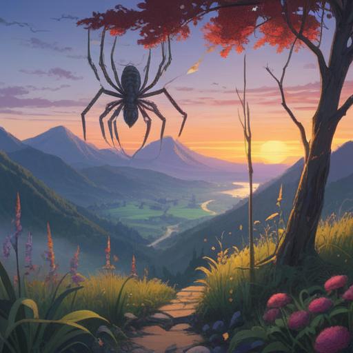 A mystical scene depicting a spider appearing at dawn, symbolizing spiritual signs in romance, a serene morning landscape, soft sunlight filtering through the trees, a couple observing the spider with curiosity, vibrant nature around them, ethereal glow, symbolic elements representing love and caution, 4k