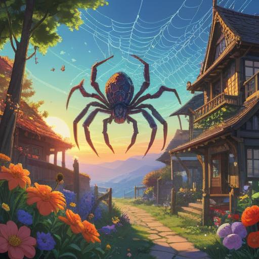 A magical morning scene featuring a vibrant spider weaving a shimmering web, surrounded by blooming flowers under a bright blue sky, soft sunlight illuminating the delicate patterns of the web, a feeling of hope and positivity in the air, colorful lucky items scattered nearby, such as a heart-shaped charm and a small key, a serene and romantic atmosphere, detailed flora and fauna elements, enchanting and uplifting, 4k