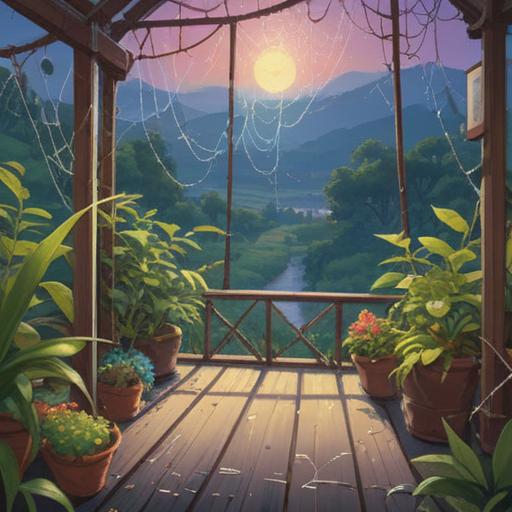 A serene morning scene, a delicate spider web glistening with dew, symbols of love and attraction intertwined, soft sunlight filtering through the leaves, a cozy atmosphere fostering romantic energy, subtle hints of nature's beauty, vibrant flowers blooming nearby, emphasizing the idea of nurturing love, tranquil setting, 4k