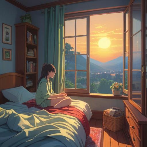 A serene morning scene depicting a person waking up late, sunlight streaming through the window, soft bedding, peaceful expressions, a sense of calm and positivity, harmonious atmosphere, symbols of spiritual awakening, nature-inspired elements, uplifting colors, 4k