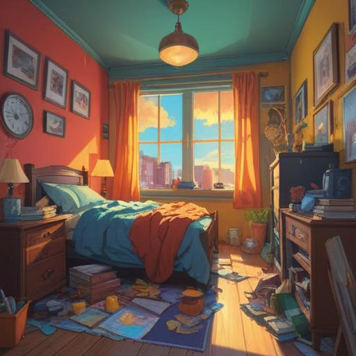 A vibrant illustration of a person waking up late, sunlight streaming through the window, chaotic bedroom with disorganized items, clock showing a late hour, spiritual symbols like feathers and crystals subtly integrated in the background, dreamy atmosphere, sense of urgency, detailed facial expression reflecting surprise, soft color palette, 4k