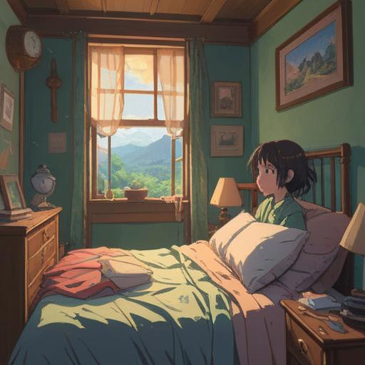 A serene morning scene, a person waking up late with a surprised expression, sunlight streaming through the window, a bedside table with a glimmering lucky stone, soft blankets, messy hair, warm colors, relaxed atmosphere, details of a cozy bedroom, 4k