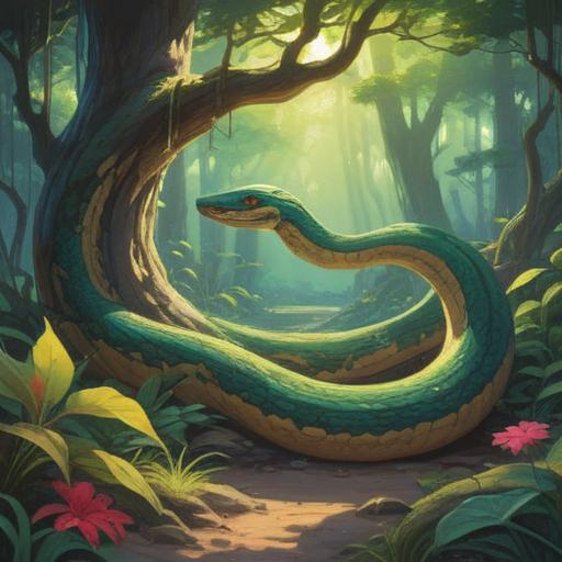 A serene scene depicting a morning encounter with a snake, symbolizing transformation and rebirth, soft sunlight filtering through trees, the snake coiled gracefully, vibrant colors reflecting nature, spiritual energy emanating, tranquil environment, a sense of awakening, 4k