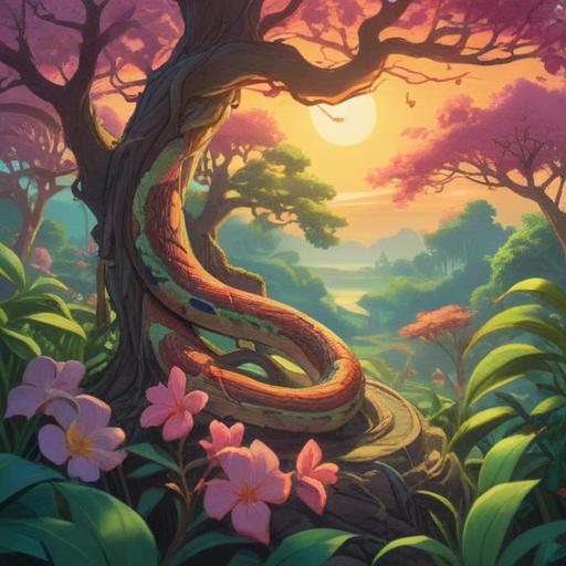 A serene morning scene featuring a majestic snake coiling around a blossoming tree, soft rays of sunlight filtering through the leaves, tranquil environment, symbols of spirituality such as feathers and crystals nearby, a sense of harmony and positive energy filling the air, gentle colors enhancing the peaceful atmosphere, 4k