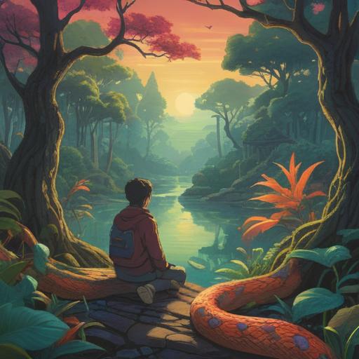 A serene and mystical scene depicting a person observing a snake at dawn, vibrant colors, ethereal light filtering through the trees, symbolizing spiritual awareness, subtle representations of intuition and transformation, tranquil atmosphere, detailed textures in nature, deep connection with the spiritual realm, 4k