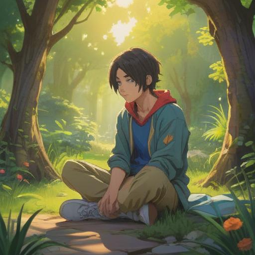 A serene scene depicting a person sitting cross-legged in a tranquil garden, gentle sunlight filtering through trees, peaceful expressions, soft morning light, nature's sounds, meditative ambiance, surrounded by blooming flowers, calming presence of a nearby stream, mindfulness practice, deep breathing, healing energy, harmonious environment