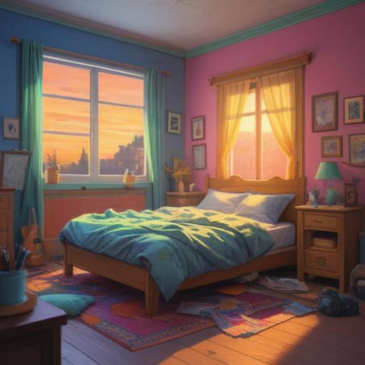 A dreamy, surreal morning scene, a cozy bedroom filled with soft morning light, an alarm clock ringing but a figure still lying in bed, mystical symbols floating in the air, representing spiritual awakening, a sense of calm and introspection, intricate details of the room, soothing color palette, ethereal atmosphere, 4k
