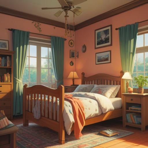 A serene morning scene depicting a cozy bedroom, soft sunlight filtering through the curtains, a peaceful atmosphere, an alarm clock displaying a late hour, a person lounging in bed with a content expression, surrounded by symbols of spiritual awakening like feathers and crystals, gentle colors, tranquil vibes, 4k