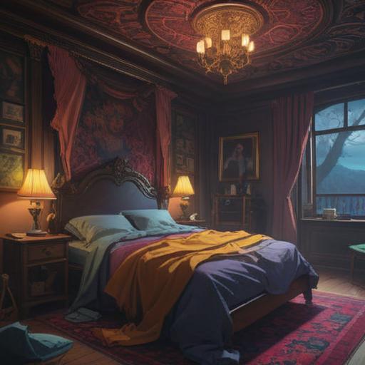 A dark and mystical scene depicting a person struggling to wake up in bed, shadows looming around, ethereal figures whispering ominously, a clock showing an early hour, dimly lit room with heavy curtains, a feeling of unease and spiritual presence, moody color palette, surreal atmosphere, dreamlike quality, 4k