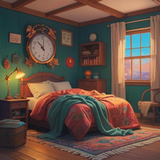 A whimsical illustration depicting a cozy bedroom scene, a colorful alarm clock blinking 7:00 AM, a fluffy blanket barely revealing a sleepy character, sunlight streaming through the window, a cup of steaming coffee on the bedside table, motivational quotes on the wall, dreamcatchers hanging from the ceiling, a cat snuggled at the foot of the bed, serene atmosphere, 4k
