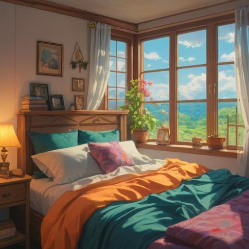 A tranquil morning scene, soft sunlight streaming through a window, a cozy bedroom setting, an inviting bed with fluffy pillows, an alarm clock showing 7 AM, a fresh cup of herbal tea on a bedside table, a journal and pen ready for reflection, calming plants in the background, peaceful atmosphere, focus on self-care and mindfulness, vibrant colors, 4k