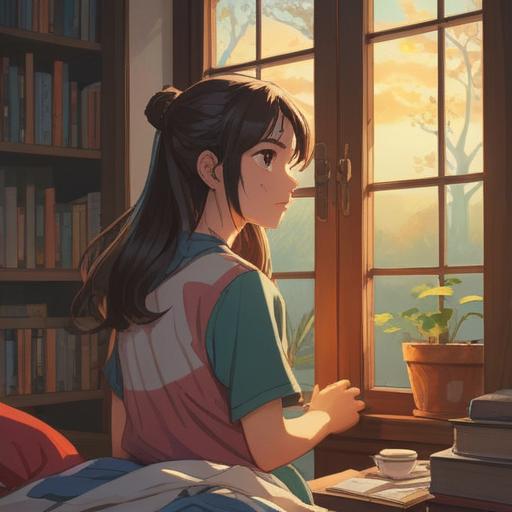 A serene morning scene, a person waking up with a peaceful expression, soft light streaming through the window, warm colors capturing a sense of tranquility, gentle haze representing dreams, subtle symbolism of memories and connections, a journal or photo on the bedside table, reflecting the spiritual significance of thoughts, 4k