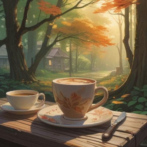 A serene morning scene, soft golden light filtering through trees, a gentle breeze rustling leaves, a vintage coffee cup on a rustic table, small lucky charm placed beside it, the essence of nostalgia in the air, warm and inviting atmosphere, inviting space for reflection, 4k