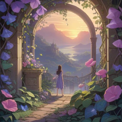 A serene illustration of morning glories blooming under a soft morning light, vibrant blue and purple petals, symbolizing spiritual awakening and renewal, delicate vines intertwining, lush green foliage, a peaceful garden setting, ethereal atmosphere, tranquility and beauty, 4k