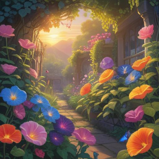 A serene garden scene at dawn, blooming morning glories in vibrant colors, soft sunlight illuminating the petals, mystical aura surrounding the flowers, butterflies fluttering around, tranquil atmosphere, symbolizing spiritual messages and positive omens, lush greenery in the background, peaceful and uplifting energy, 4k