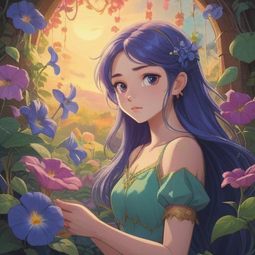 A vibrant and serene scene showcasing morning glories in full bloom, ethereal light filtering through the petals, a soft breeze gently swaying the flowers, a peaceful garden setting, spiritual symbols subtly integrated among the foliage, a calm and reflective atmosphere, conveying messages of hope and renewal, warm morning light, capturing the essence of spiritual awakening, 4k