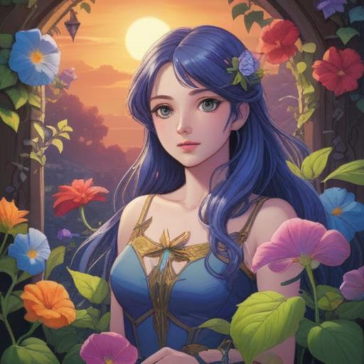 A mystical illustration depicting morning glories as spiritual symbols, vibrant colors, blooming flowers with ethereal glow, serene garden setting, intertwining vines, lucky charm objects surrounding the blossoms, magical aura, harmonious atmosphere, soft sunlight filtering through foliage, richly detailed composition, enchanting vibe