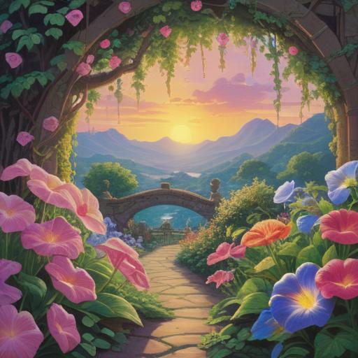 A serene garden scene at sunrise, blooming morning glories in vibrant colors, dew glistening on petals, a tranquil atmosphere promoting personal growth, individuals gathering to reflect and share experiences, soft light creating a warm glow, peaceful expressions, feeling of fulfillment and happiness, nature's beauty symbolizing richness of life, 4k