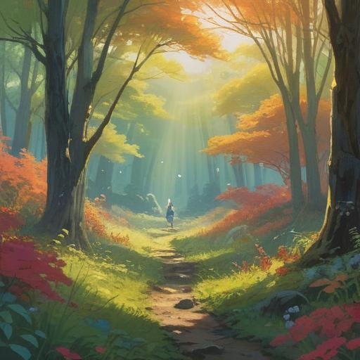 A serene morning scene, soft sunlight filtering through trees, gentle breeze rustling leaves, ethereal glow enveloping the landscape, tranquil atmosphere, symbols of renewal and awakening, harmonious colors blending together, clear blue sky, peaceful nature, uplifting spirit, 4k