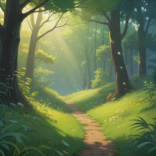 A serene morning landscape, soft sunlight filtering through trees, a gentle breeze rustling leaves, dewdrops glistening on grass, subtle spiritual symbols in the air, tranquil atmosphere, birds singing, feeling of awakening, warm light, nature's harmony, 4k