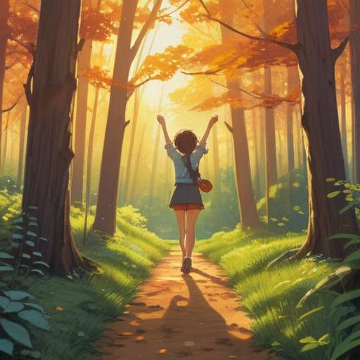 A serene morning scene, fresh and invigorating atmosphere, soft golden sunlight filtering through the trees, a person joyfully stretching outdoors, vibrant flowers blooming around, birds singing in the background, depicting the essence of a lucky action inspired by the freshness of the morning air, 4k