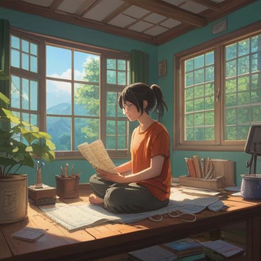 A serene morning scene, a person meditating with sunlight streaming through the window, a neatly organized workspace with a journal and a cup of tea, fresh plants decorating the room, imbued with a sense of tranquility and focus, inspiring ambiance, emphasizing mindfulness and productivity, vibrant colors, 4k