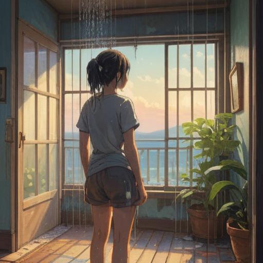A serene morning scene, a person standing under a gentle shower, warm sunlight streaming through a window, steam rising, peaceful expression, symbolic water droplets representing purification and renewal, lush indoor plants in the background, tranquil atmosphere, spiritual awakening, 4k