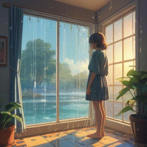 A serene morning scene, a person taking a shower with soft sunlight streaming through a frosted glass window, gentle water droplets sparkling like tiny crystals, an aura of tranquility, subtle spiritual symbols appearing in the steam, vibrant colors representing positive energy, peaceful atmosphere, nature-inspired elements like green plants in the background, uplifting vibes, 4k