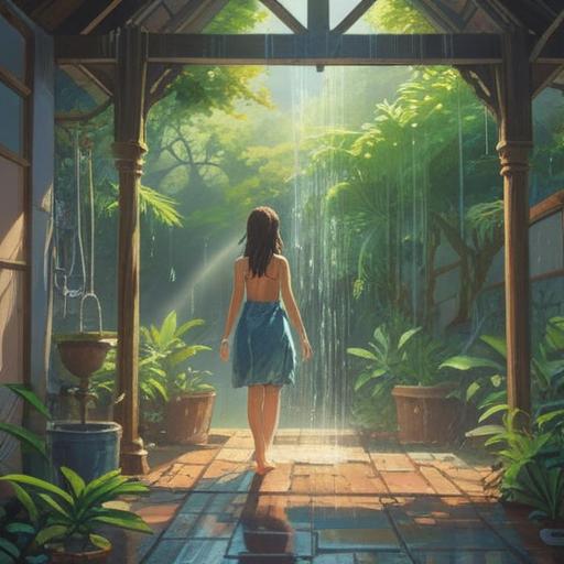 A serene morning scene, a person enjoying a refreshing shower under natural sunlight, droplets glistening, steam rising gently, spiritual symbols subtly appearing in the steam, a peaceful aura, soft pastel colors, calming atmosphere, concept of mindfulness and self-reflection, 4k