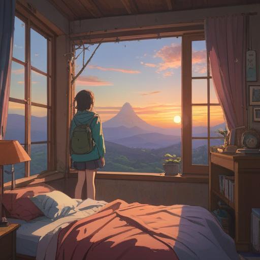 A serene sunrise scene, a person waking up at 5 AM, gentle morning light filtering through the window, ethereal atmosphere, symbols of spiritual awakening like feathers and crystals, calm and reflective mood, tranquility embodied in soft hues, nature outside the window, hint of mysticism, 4k