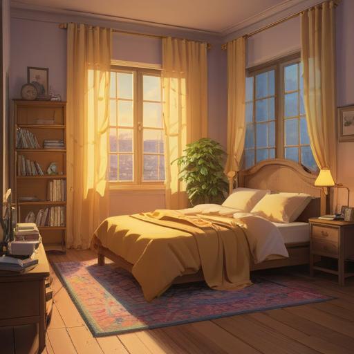 A serene early morning scene, soft golden light filtering through curtains, a peaceful bedroom with a gentle sunrise, a clock showing 5 AM, subtle spiritual symbols in the air, tranquility and hope, fresh energy, delicate details capturing the essence of morning calm, 4k