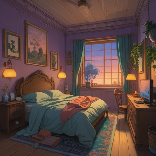 A serene early morning scene, a bedroom softly illuminated by the first light of dawn, a person sitting on the edge of the bed, deep in meditation, surrounded by ethereal light, symbolic representations of spirituality such as feathers and crystals, calm and tranquil atmosphere, nature elements like birds and trees visible through the window, reflecting peace and renewal, 4k