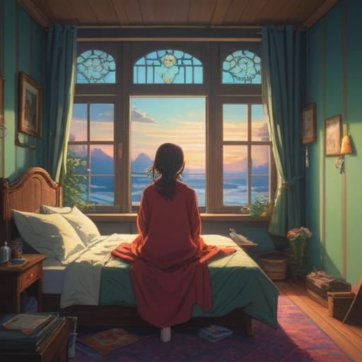 A serene early morning scene, soft light filtering through a window, a person sitting up in bed with a contemplative expression, symbols of spiritual significance floating in the air, a subtle glow surrounding the symbols, peaceful atmosphere, tranquility and awakening, gentle shadows, 4k