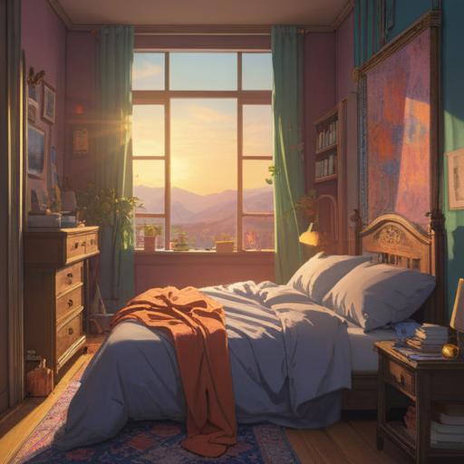 A serene morning scene, a person struggling to get out of bed, soft sunlight filtering through the curtains, symbols of spiritual awakening around the room, dreamlike atmosphere, peaceful and introspective expression, gentle reminder of self-discovery, nature elements like plants symbolizing growth, soothing color palette, 4k