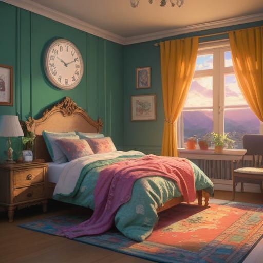 A whimsical scene featuring a cozy bedroom, soft morning light filtering through the curtains, a plush pillow and blanket, a stylish alarm clock displaying snooze, a cup of hot tea on the bedside table, a small lucky charm like a four-leaf clover, scattered motivational quotes on the wall, an inviting and relaxing atmosphere, 4k