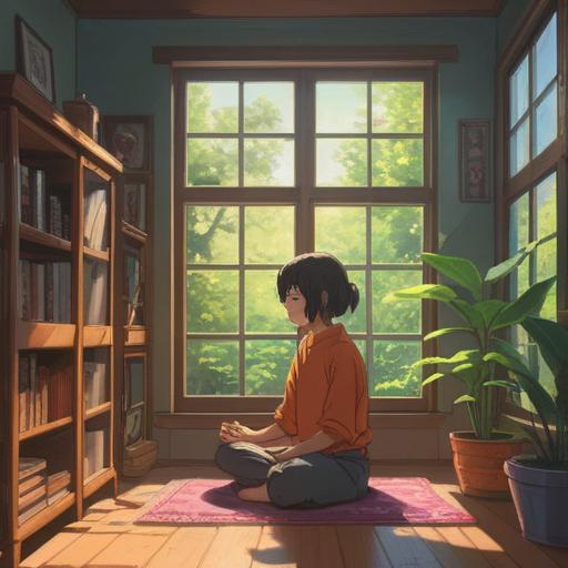 A serene morning scene depicting self-care practices, gentle sunlight filtering through a window, a person meditating with a calm expression, soft pastel colors, cozy atmosphere, plants in the background, warm cup of tea on a table, peaceful and reflective mood, 4k