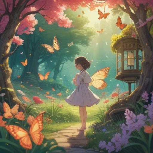 A serene morning scene, ethereal butterflies fluttering in soft sunlight, a quiet garden filled with early blooms, a spiritual connection to nature, symbols of transformation and change, tranquil atmosphere, detailed foliage, gentle breeze, 4k