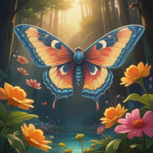 A serene morning scene, a large moth gracefully landing on a blooming flower, soft sunlight illuminating its intricate patterns, symbolism of spiritual guidance, gentle breeze rustling leaves, a tranquil atmosphere inviting meditation, vibrant colors, detailed nature background, harmony with the environment, 4k