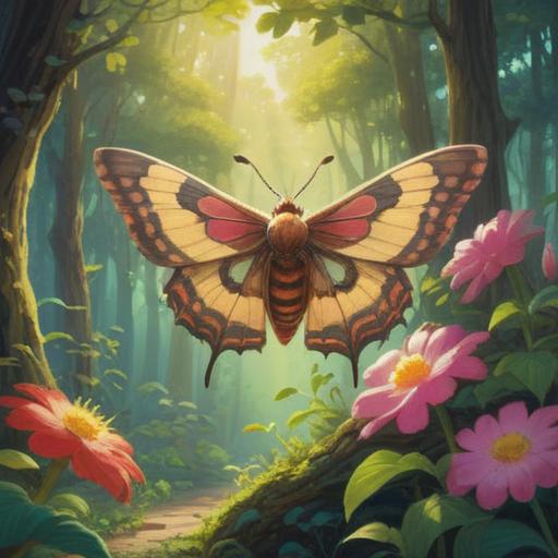 A serene morning scene, a moth resting on a flower, soft sunlight streaming through trees, gentle breeze flowing, symbolism of transformation and change, subtle glow around the moth, nature's tranquility, spiritual awakening, 4k