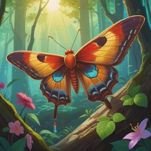 A serene morning scene, a colorful moth fluttering over a smooth, sparkling lucky stone, soft sunlight filtering through trees, delicate dewdrops glistening on grass, a feeling of tranquility and hope, vivid colors, nature ambiance, dreamy atmosphere, 4k