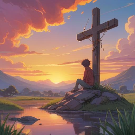 A serene illustration of a peaceful morning scene, depicting a tranquil sunrise casting soft light over a quiet landscape, a person sitting cross-legged in meditation, gentle wisps of sound waves emanating from the right ear, symbols of spirituality and enlightenment floating in the air, lush greenery surrounding, calm waters reflecting the sunrise, ethereal atmosphere, harmonious balance, 4k